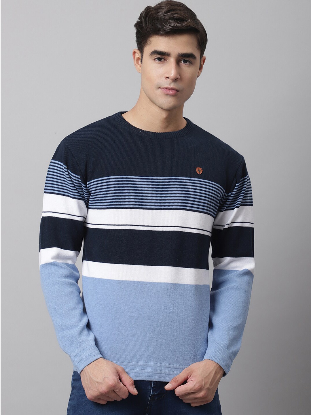 

Cantabil Men Blue & White Striped Striped Pullover