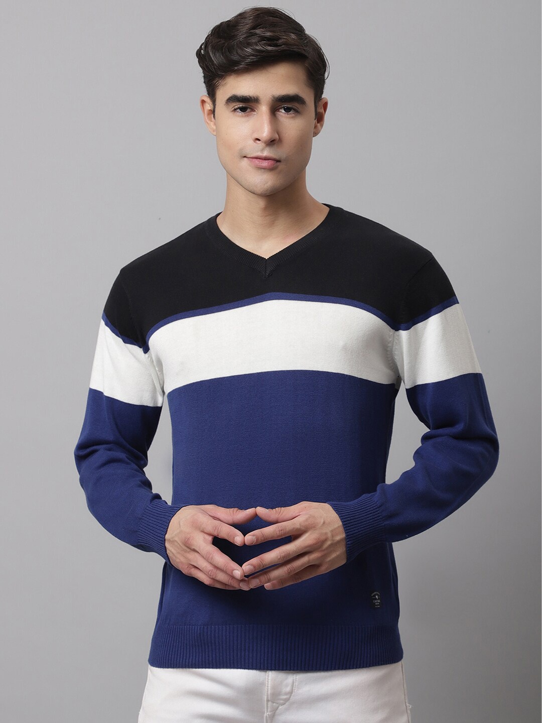 

Cantabil Men Blue & White Colourblocked Colourblocked Cotton Pullover