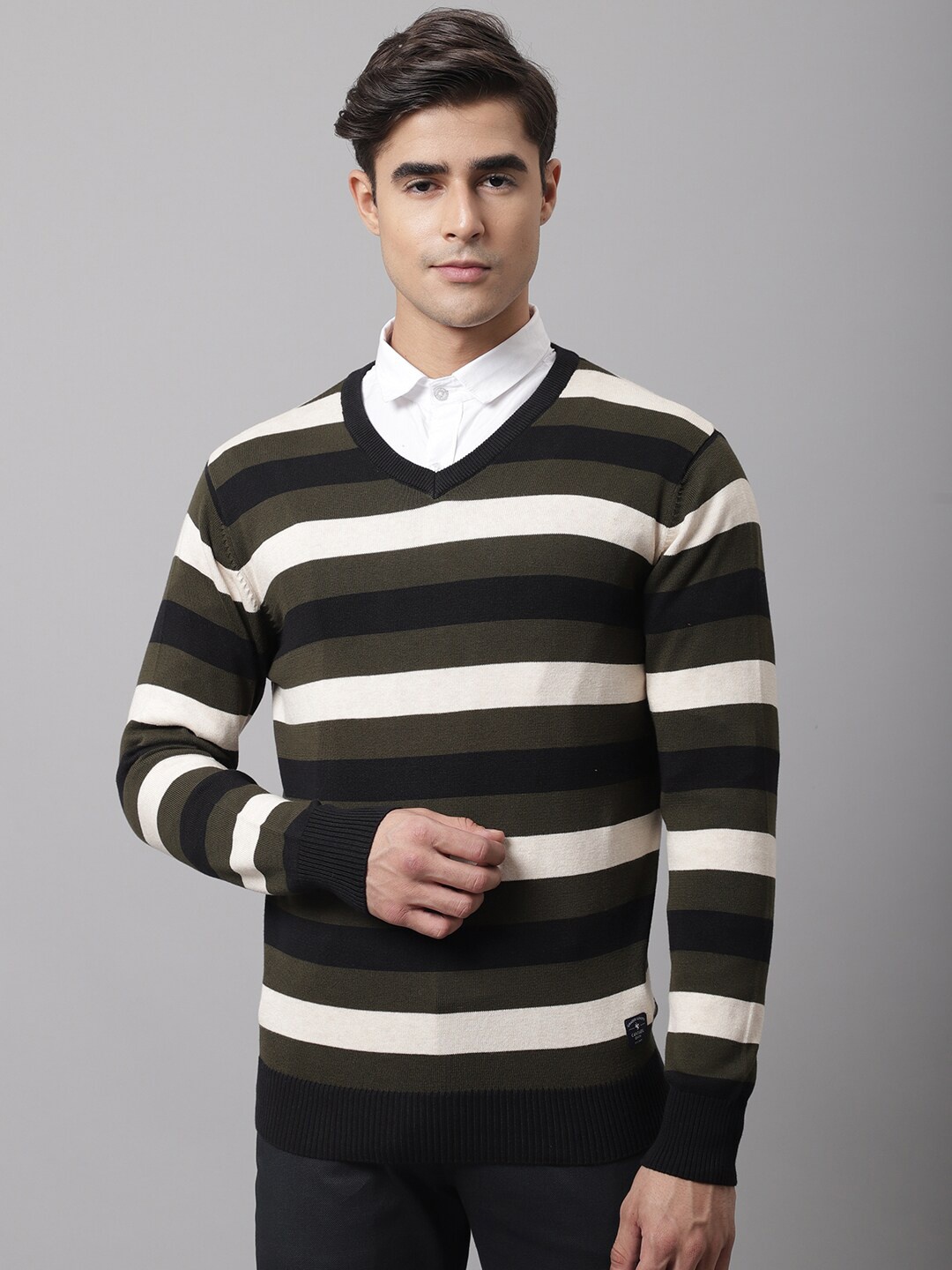 

Cantabil Men Olive Green & White Striped Cotton Pullover Sweater