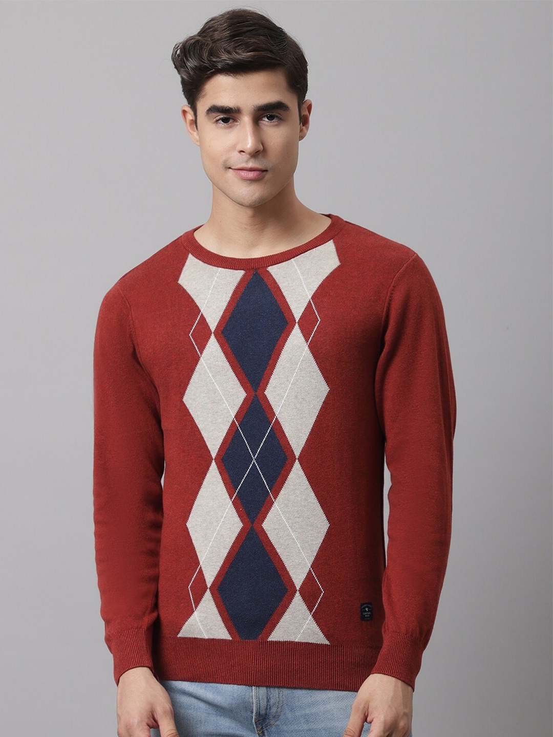 

Cantabil Men Rust & Navy Blue Geometric Self Design Pullover Sweater