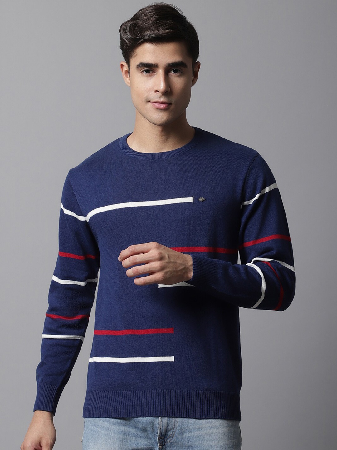 

Cantabil Men Blue & White Striped Round Neck Acrylic Pullover