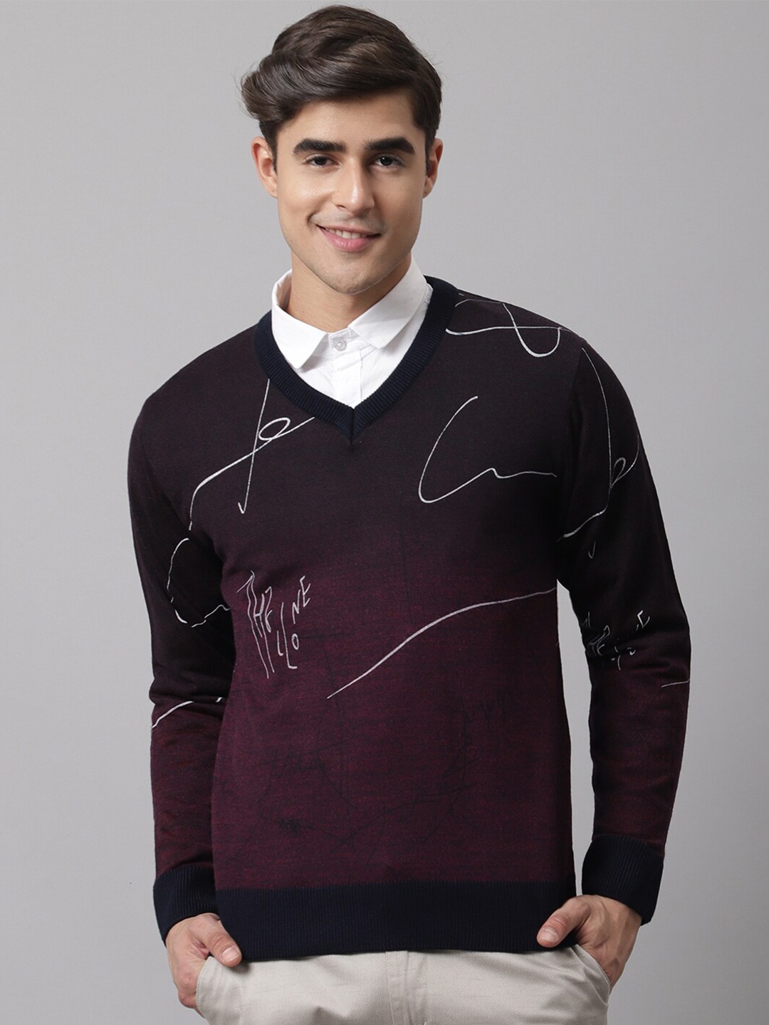 

Cantabil Men Maroon & Black Printed V-Neck Acrylic Pullover