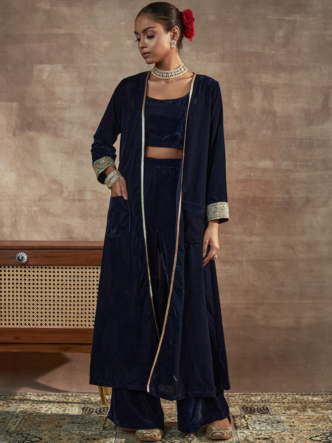 

Alaya By Stage3 Women Navy Blue Velvet Top with Palazzos