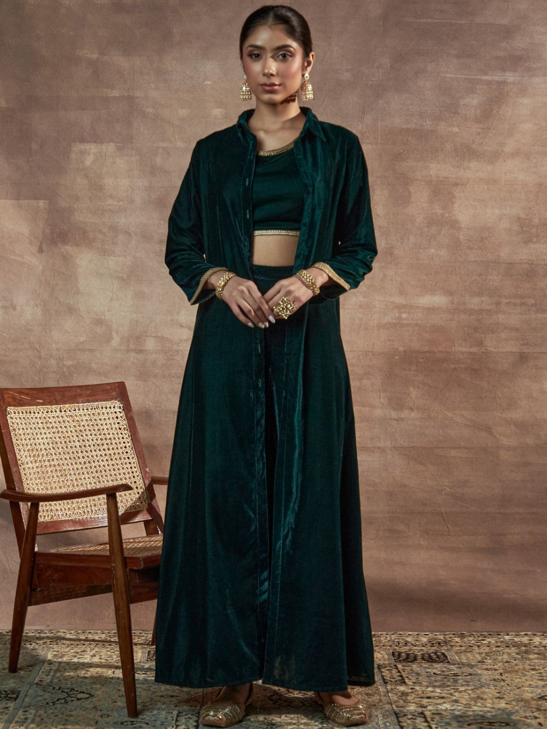 

Alaya By Stage3 Women Green Velvet Top with Palazzo & With Shrug
