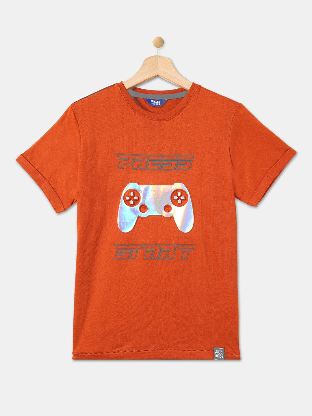 

R&B Printed Round Neck Cotton T-shirt, Orange