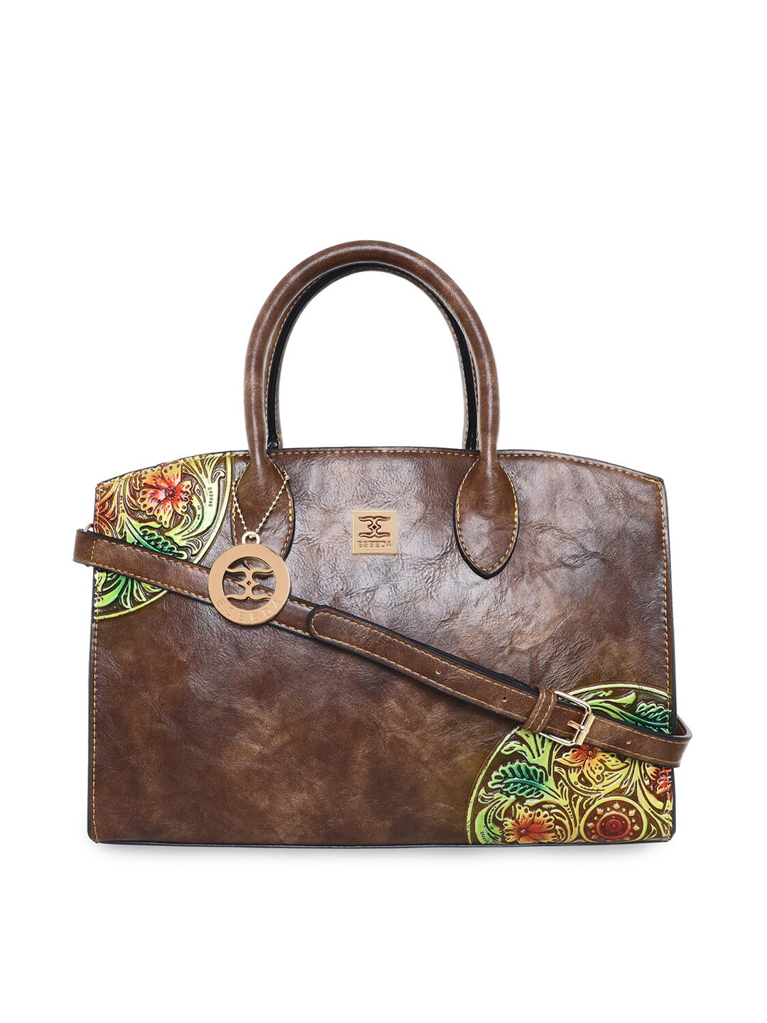 

ESBEDA Brown Floral Embellished Structured Satchel Bag
