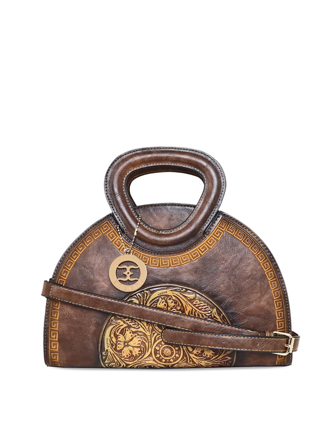 

ESBEDA Brown Textured PU Half Moon Handheld Bag with Cut Work