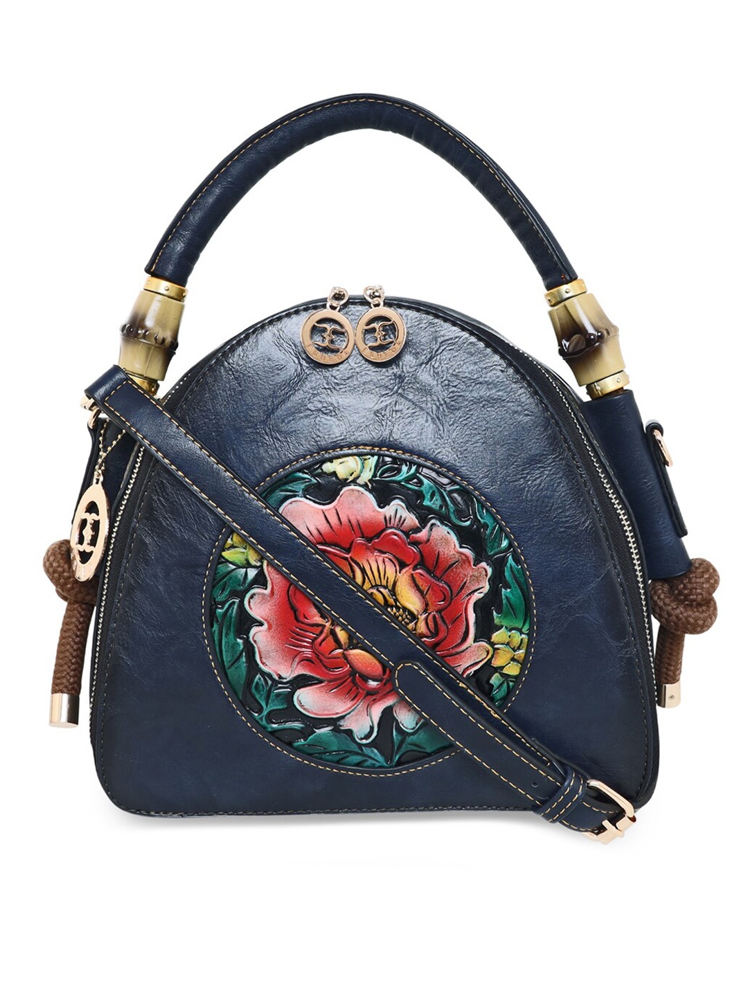

ESBEDA Blue Floral Embellished PU Structured Handheld Bag with Applique