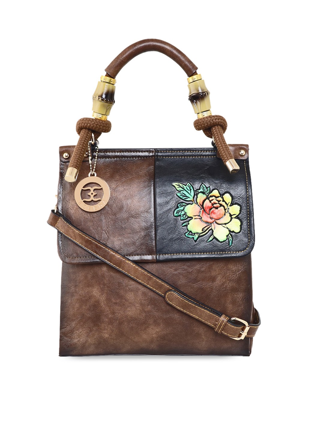 

ESBEDA Brown PU Structured Satchel with Applique