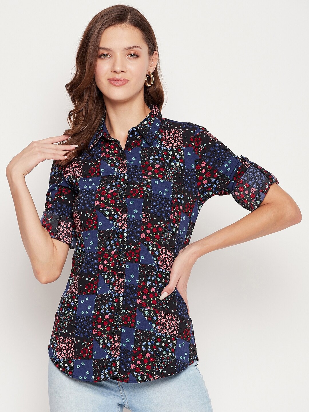 

Ruhaans Women Blue Classic Floral Printed Casual Shirt