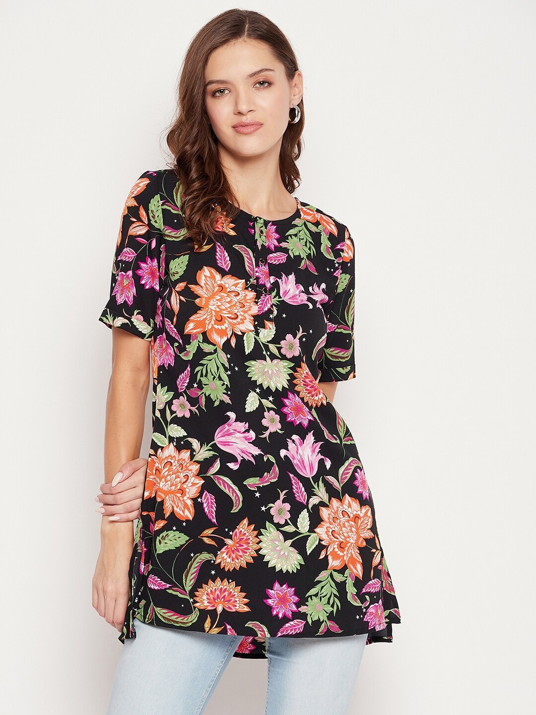 

Ruhaans Black & Pink Floral Printed Tunic