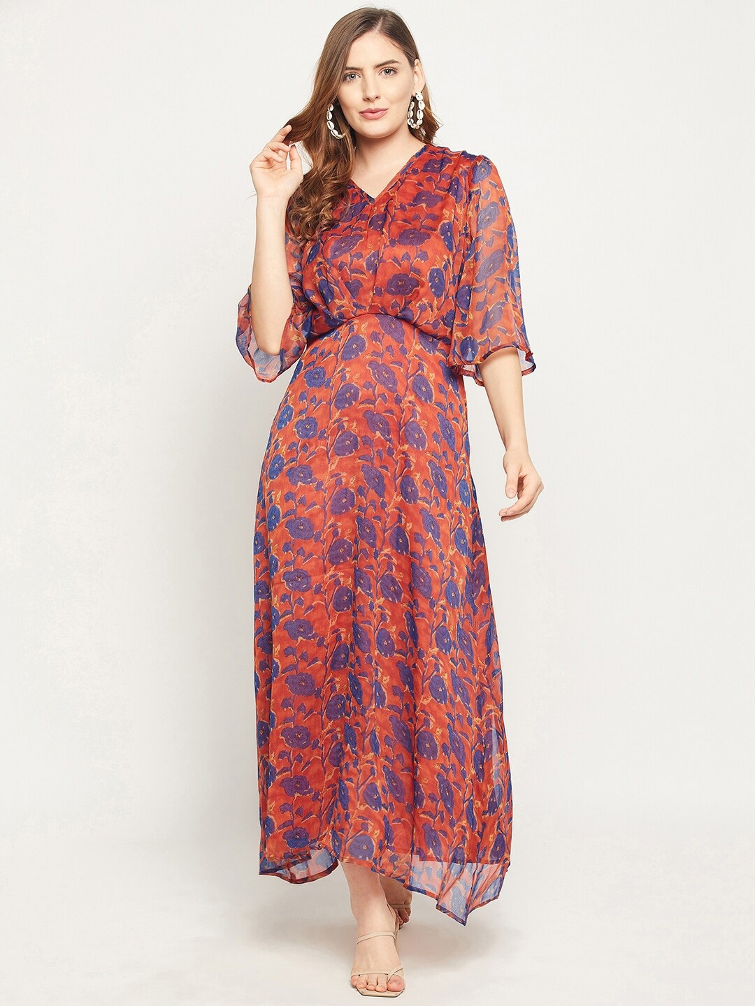 

Ruhaans Rust Floral Chiffon Maxi Maxi Dress