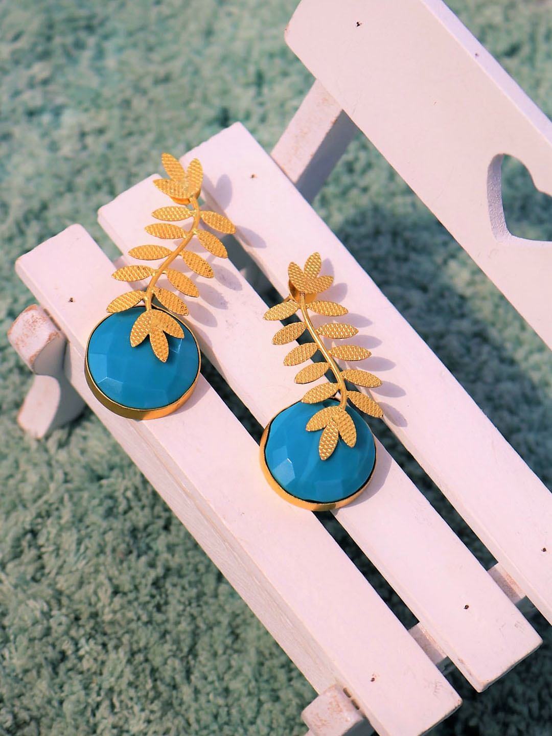 

PANASH Gold-Plated & Turquoise Blue Leaf-Shaped Drop Earrings