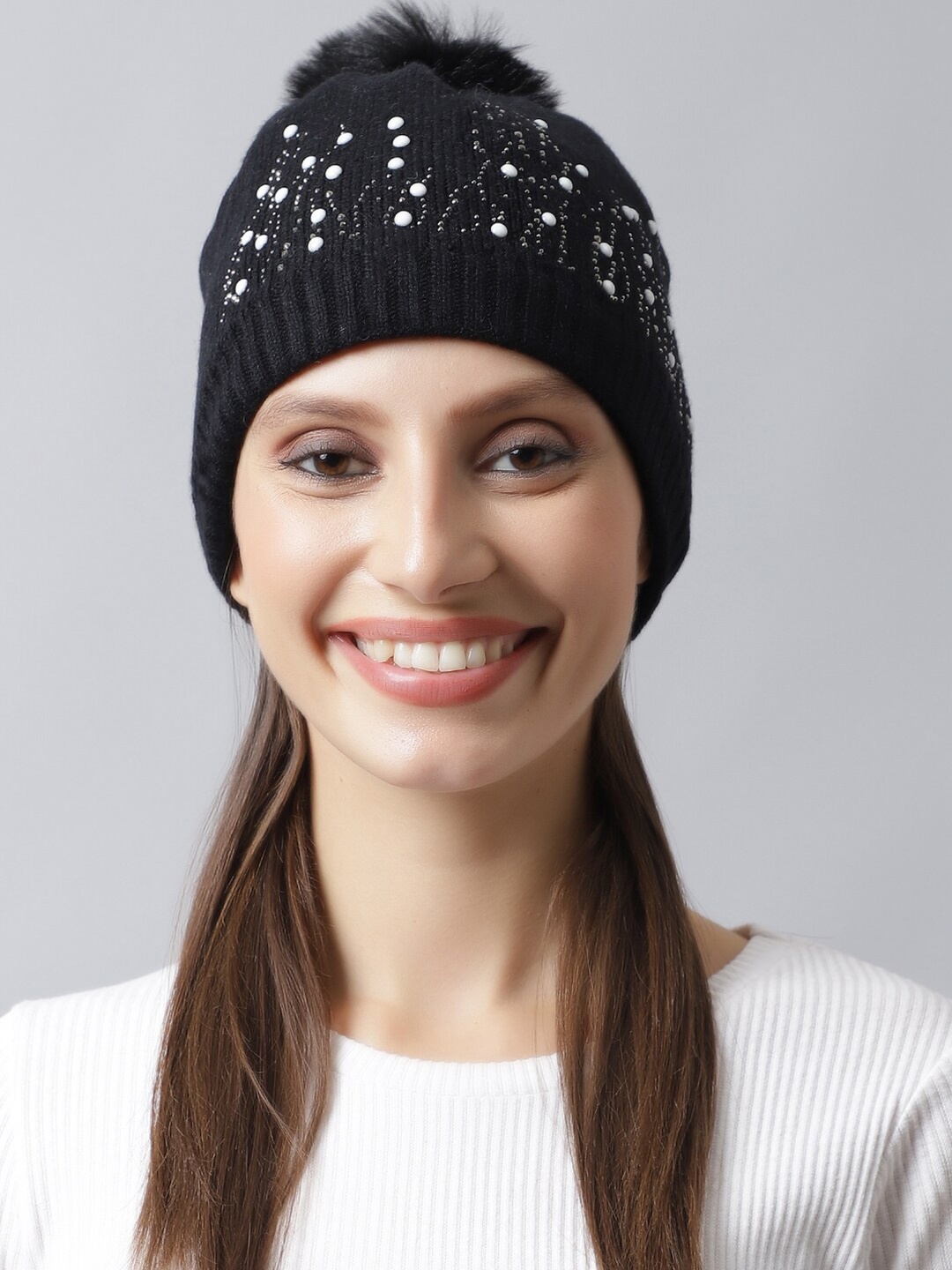 

LOOM LEGACY Women Black & White Acrylic Beanie