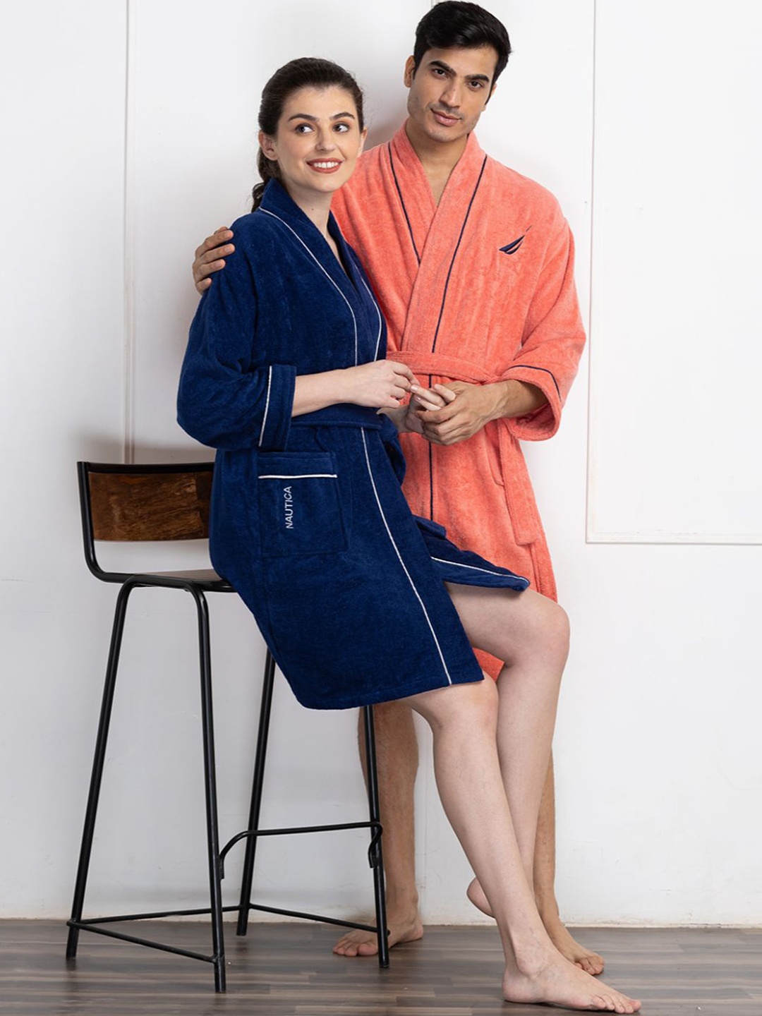 

Nautica Pack Of 2 Solid Pure Cotton Bath Robe With Belt, Navy blue