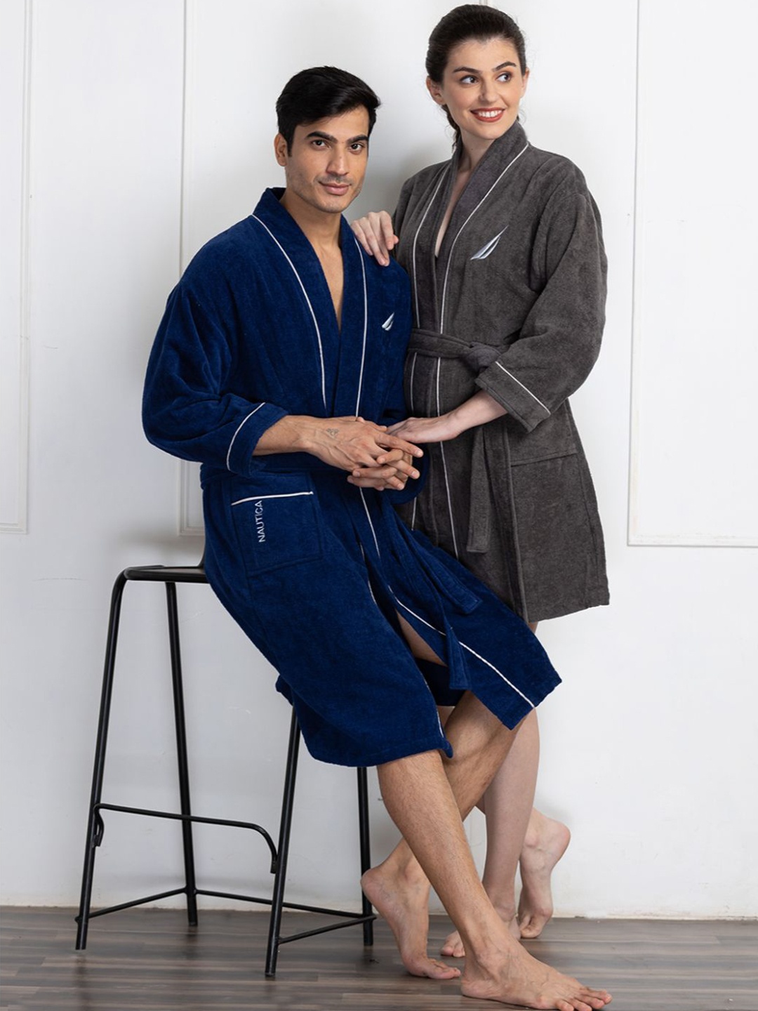 

Nautica Pack Of 2 Solid Pure Cotton Bath Robe With Belt, Navy blue