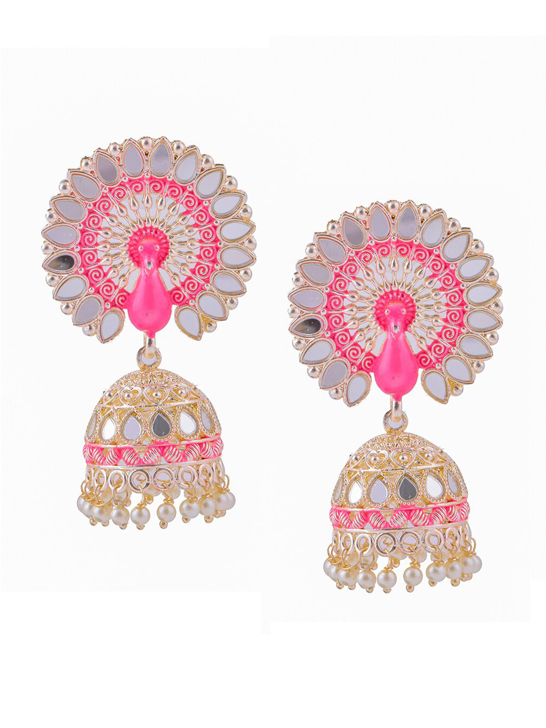 

Brandsoon Pink & Rose Gold-Plated Peacock Shaped Stone Studded Jhumkas Earrings