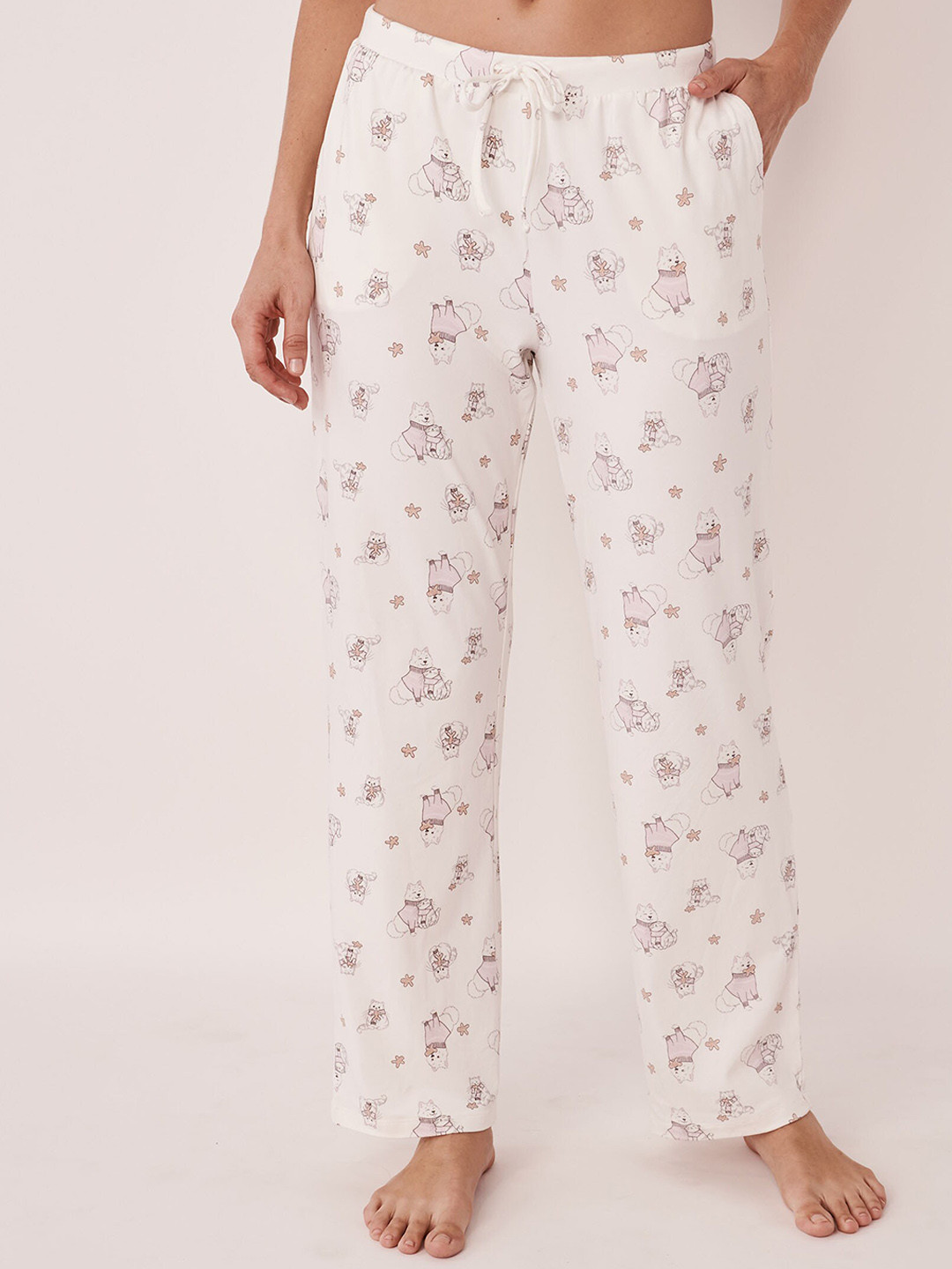 

La Vie en Rose Women White & Brown Printed Lounge Pants