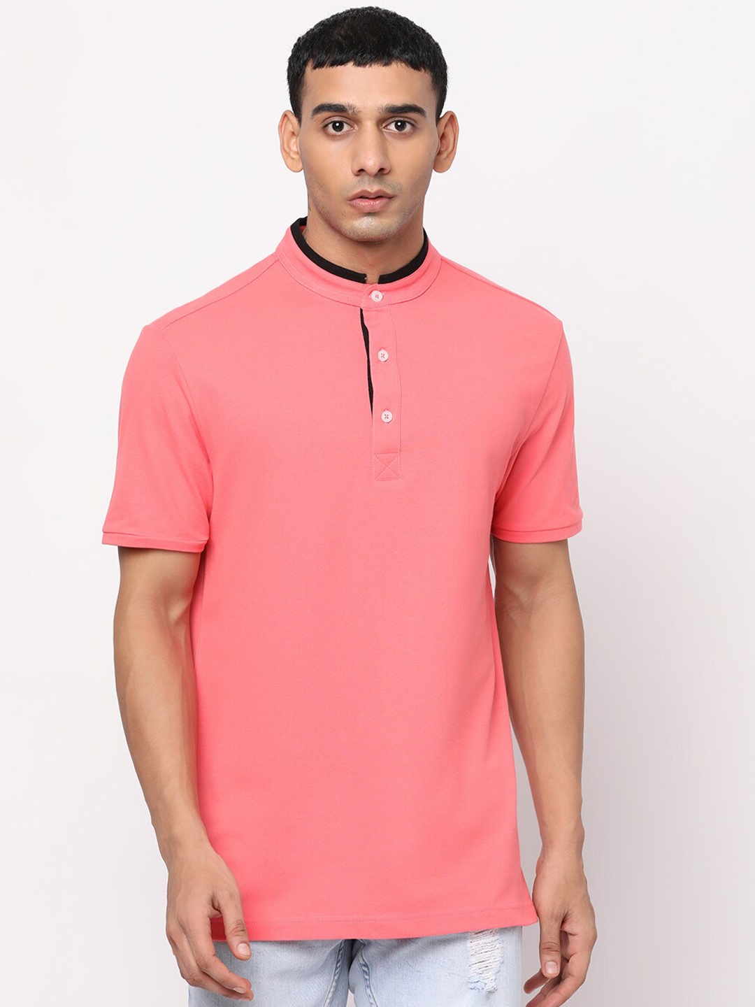 

YOONOY Men Peach-Coloured Mandarin Collar Slim Fit T-shirt