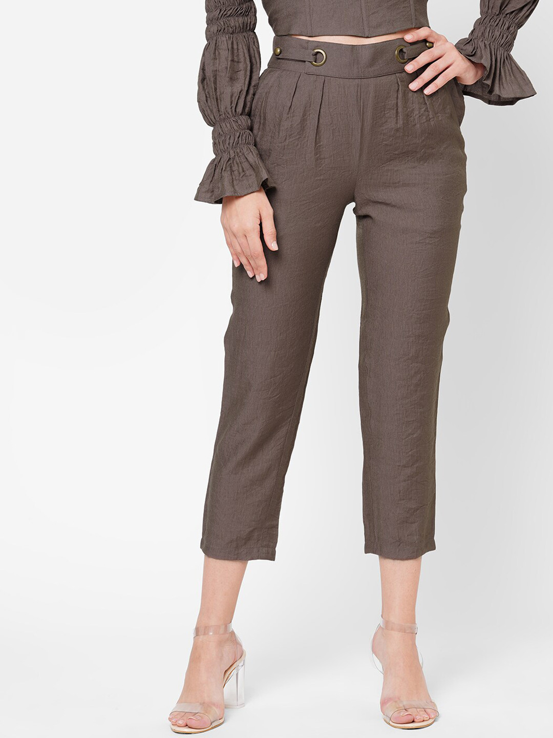 

MISH Women Brown Smart Straight Fit Easy Wash Pleated Trousers