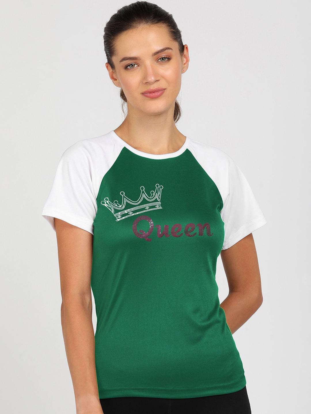 

shashvi Women Green Typography Printed Applique T-shirt