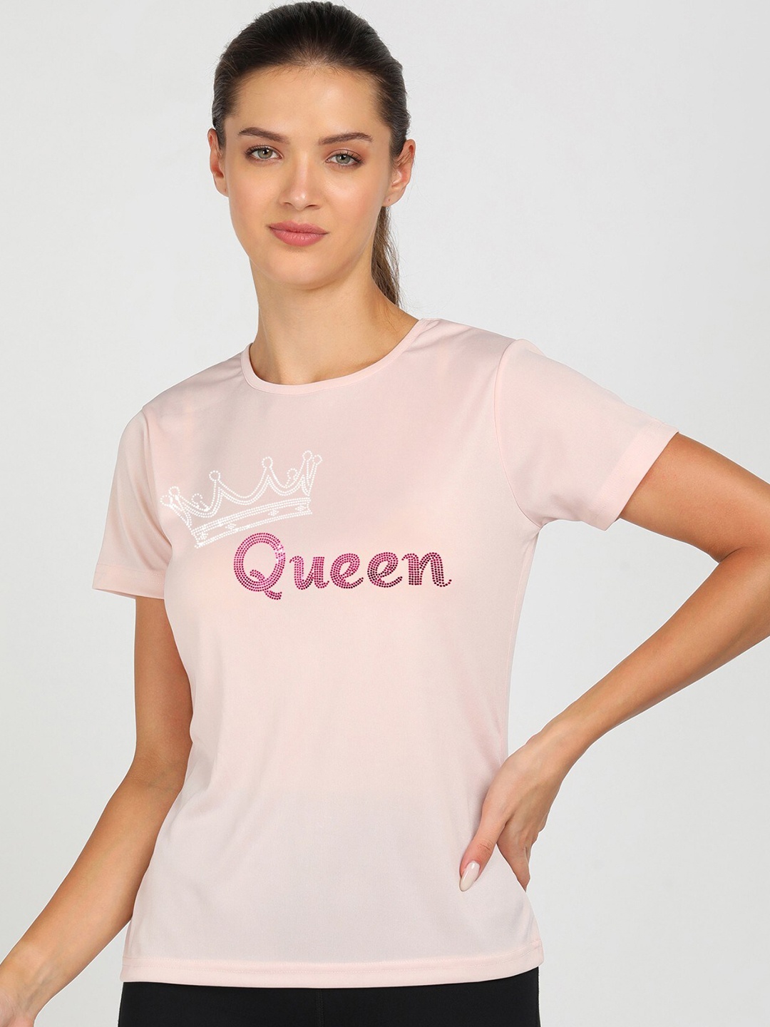 

shashvi Women Pink Typography Printed Drop-Shoulder Sleeves Applique T-shirt
