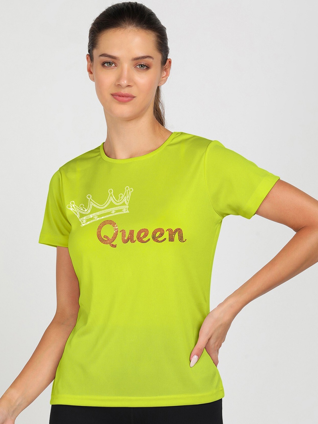 

shashvi Women Lime Green Typography Printed Applique T-shirt