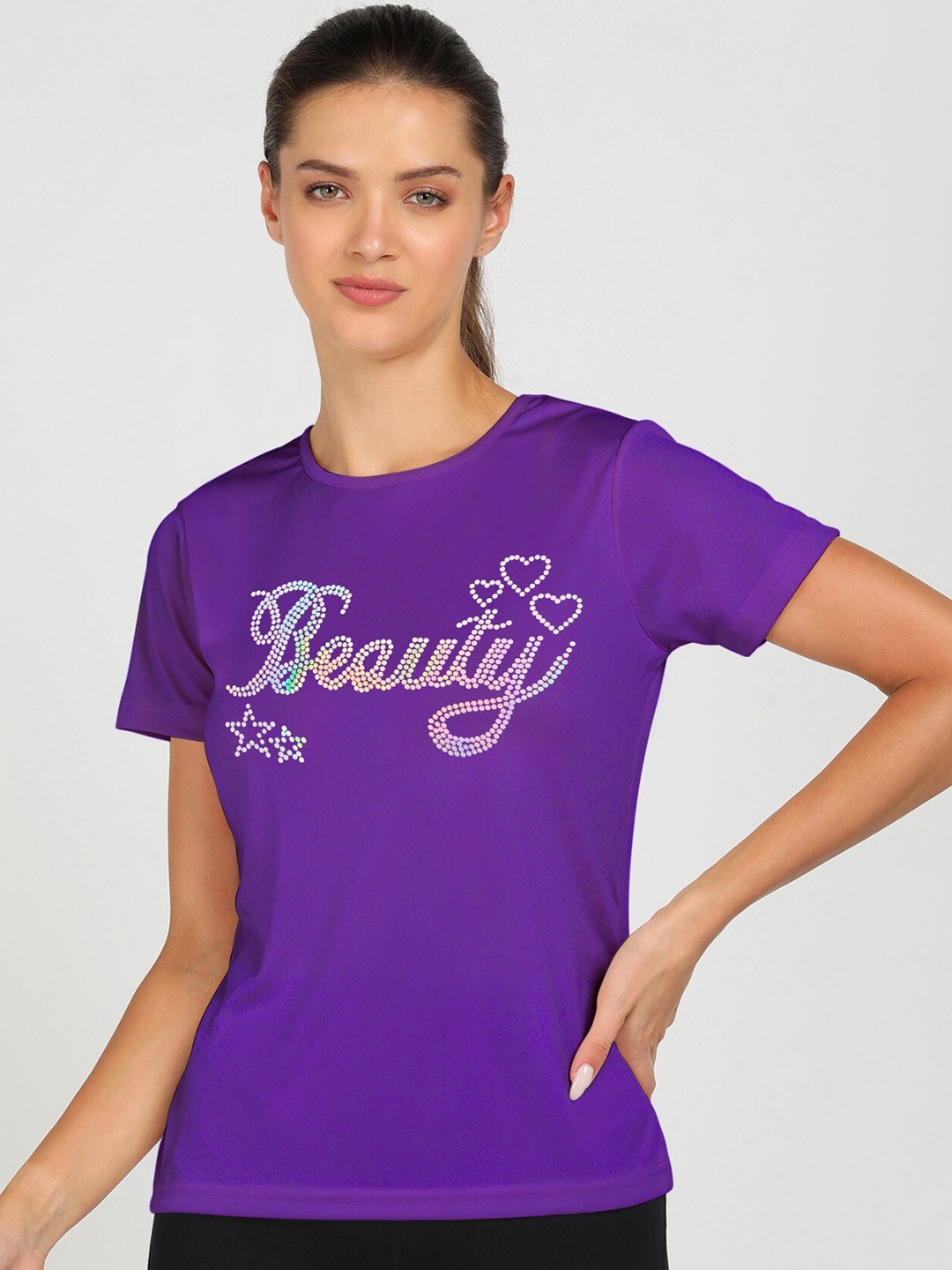 

shashvi Women Purple Typography Printed Drop-Shoulder Sleeves Applique T-shirt