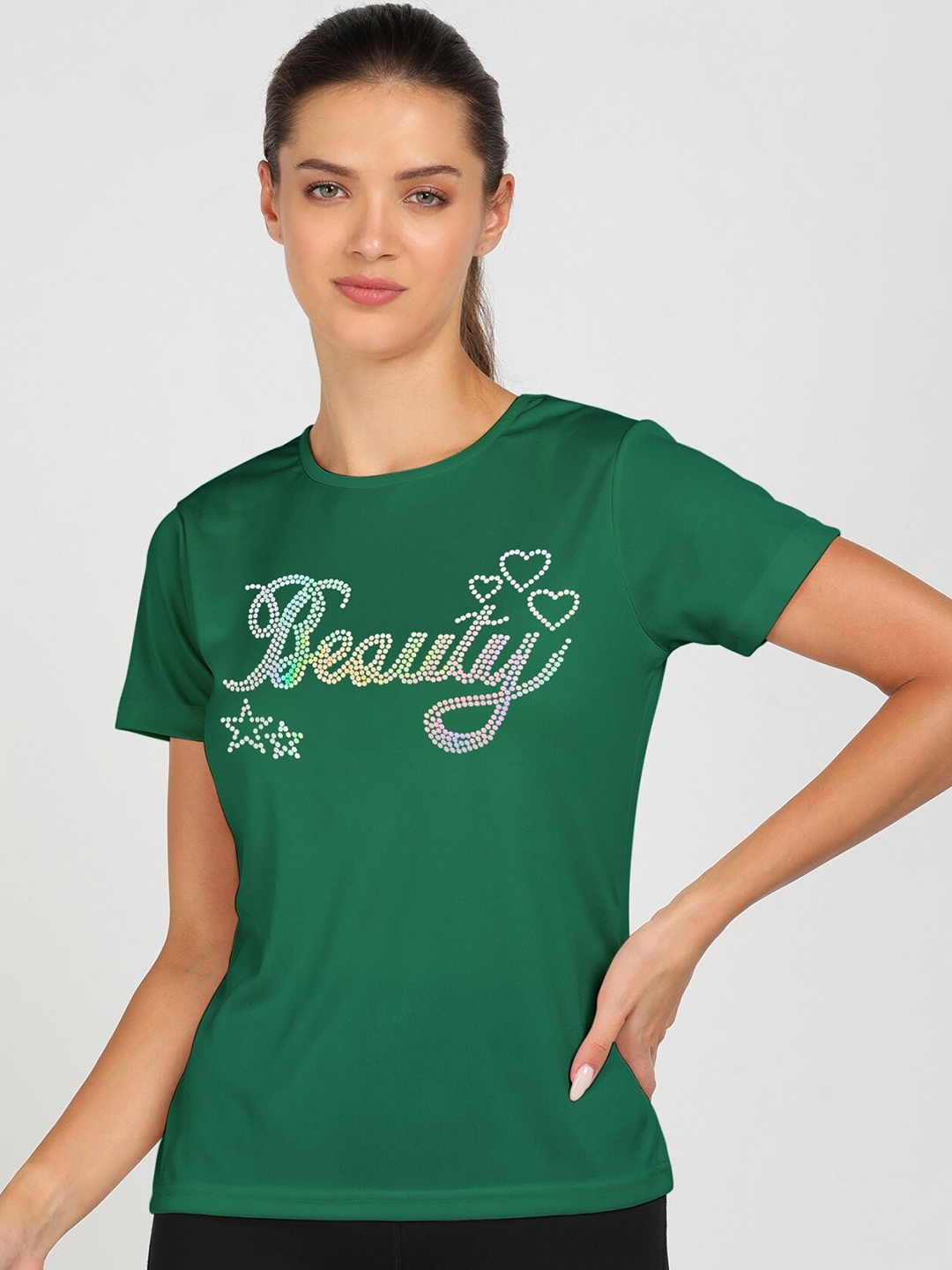 

shashvi Women Green Typography Printed Applique T-shirt