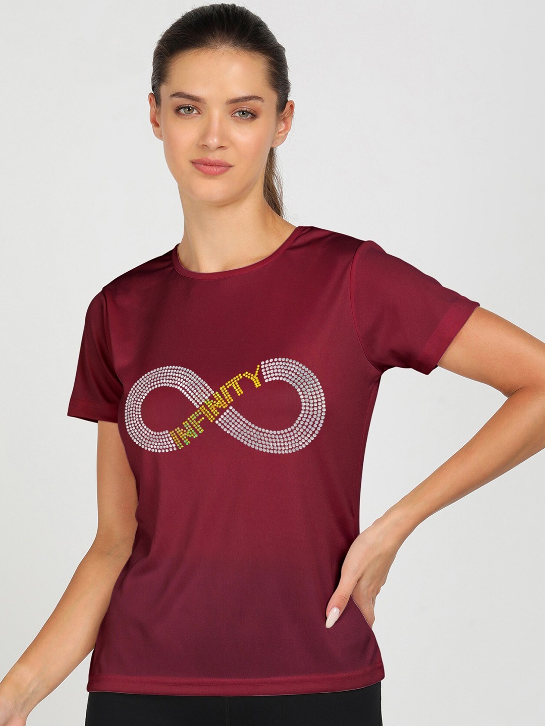 

shashvi Women Red Typography Printed Drop-Shoulder Sleeves Applique T-shirt