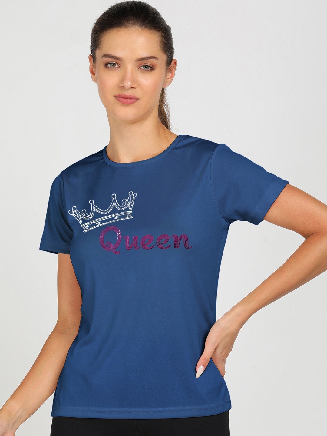 

shashvi Women Blue Typography Printed Applique T-shirt