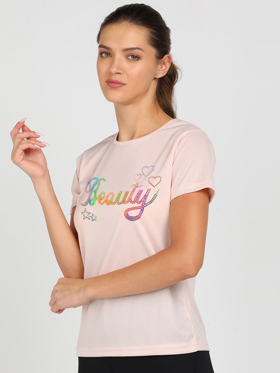 

shashvi Women Pink Typography Printed Drop-Shoulder Sleeves Applique T-shirt