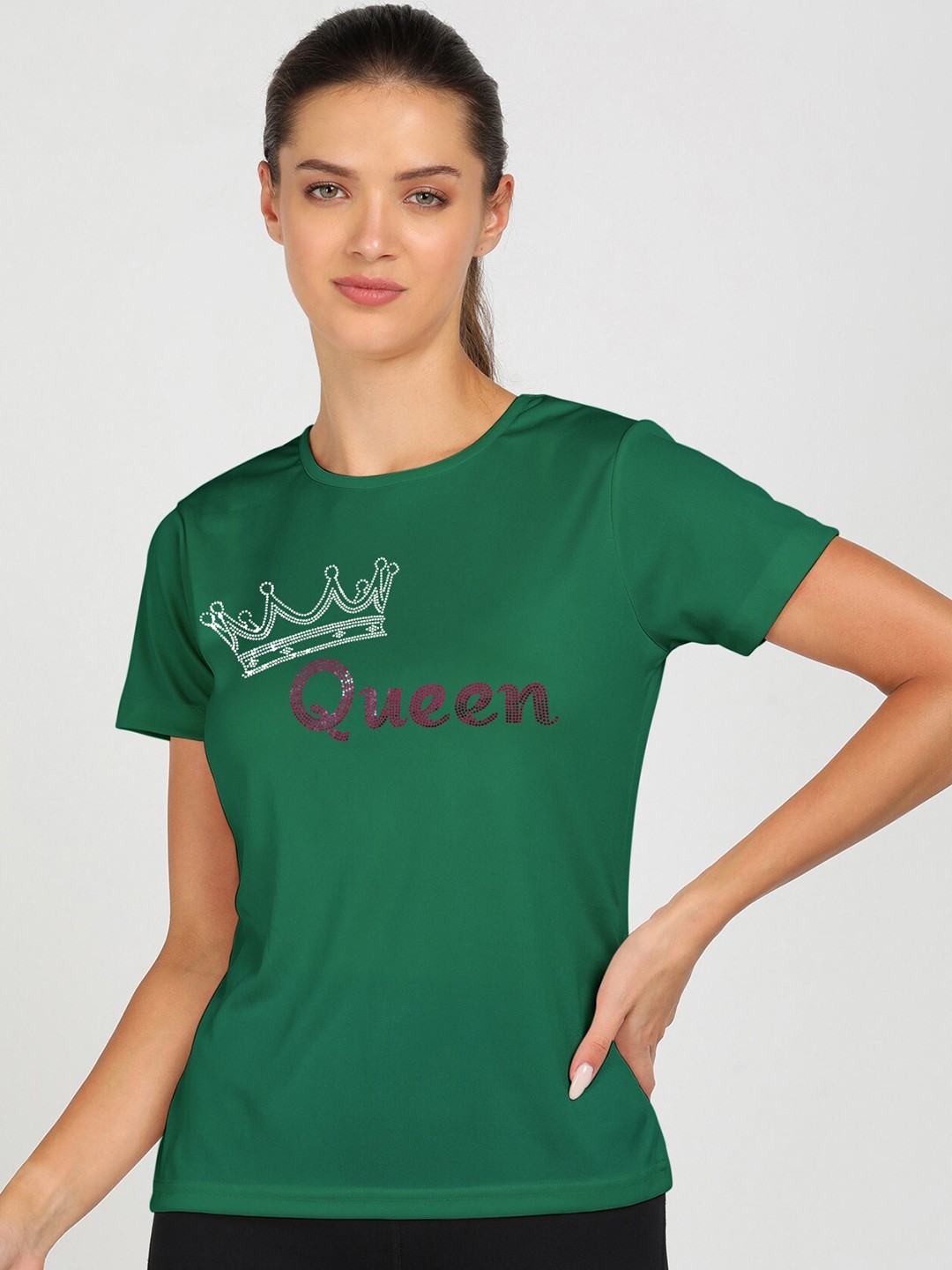 

shashvi Women Green Typography Printed Applique T-shirt
