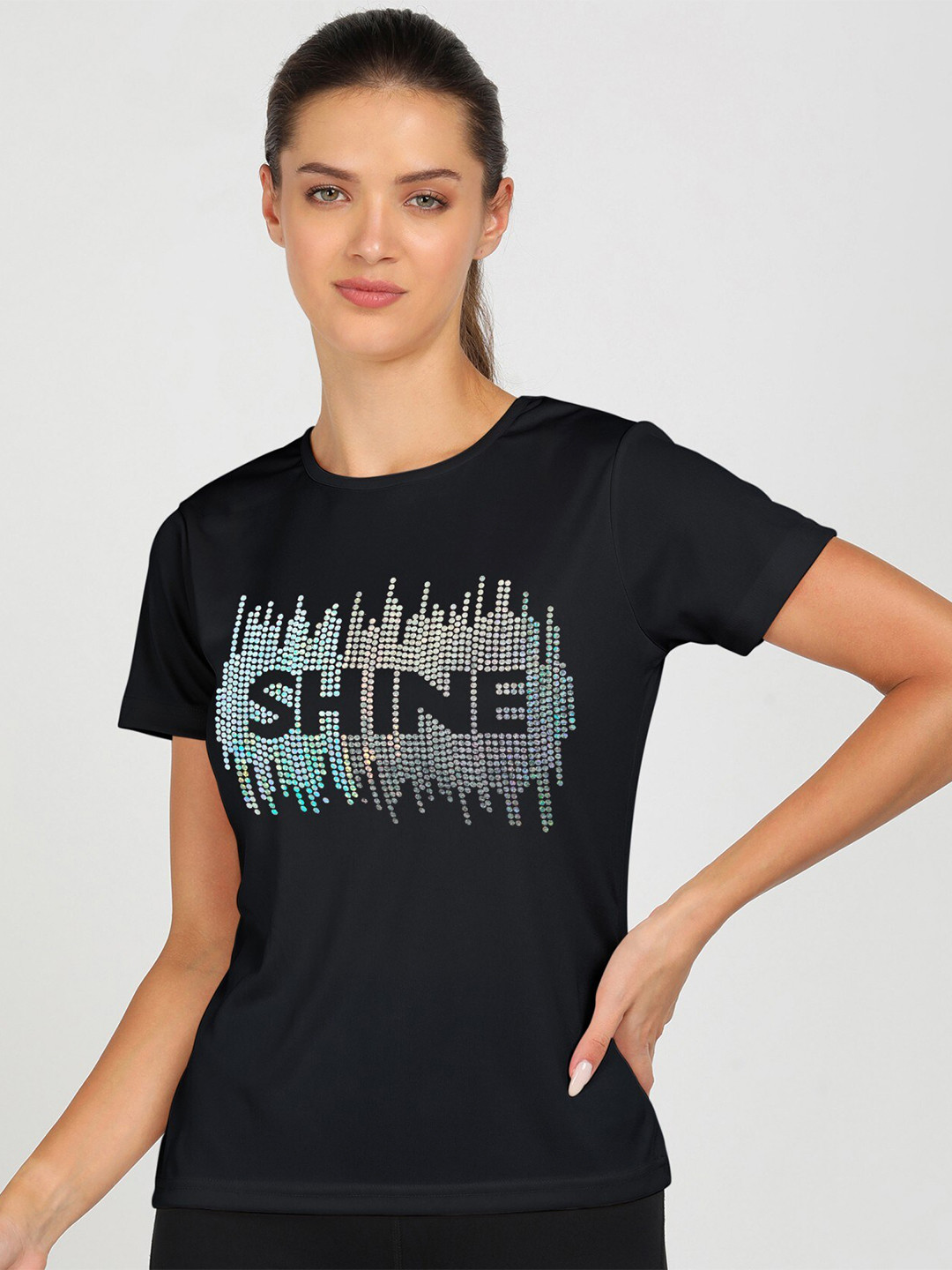

shashvi Women Black Typography Printed Applique T-shirt