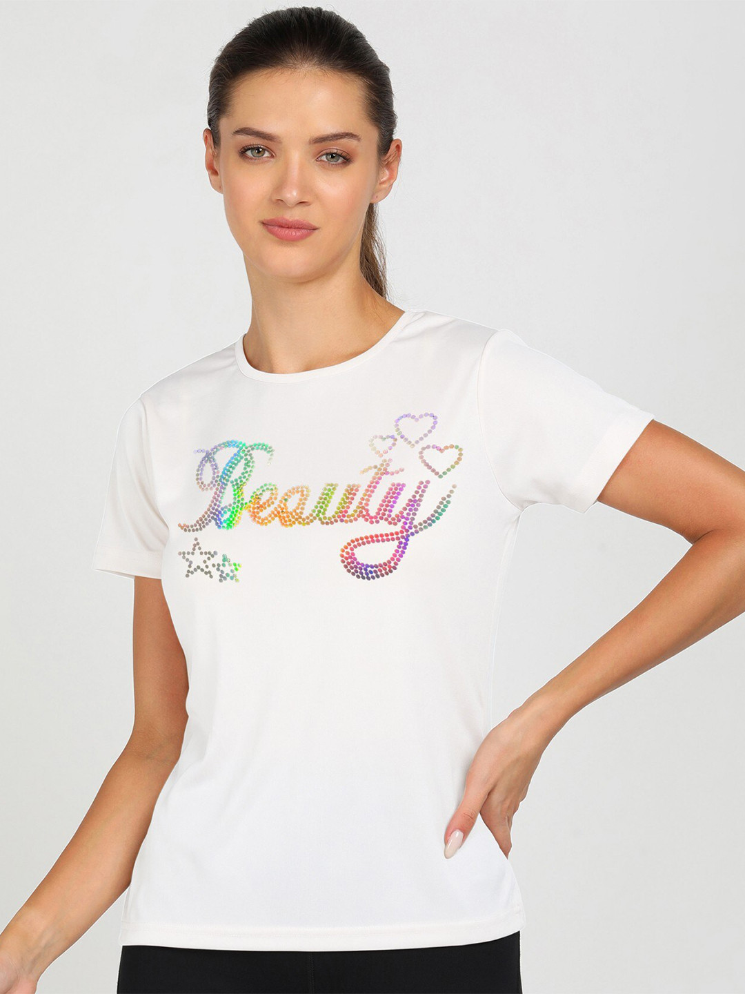 

shashvi Women White Typography Printed Drop-Shoulder Sleeves Applique T-shirt