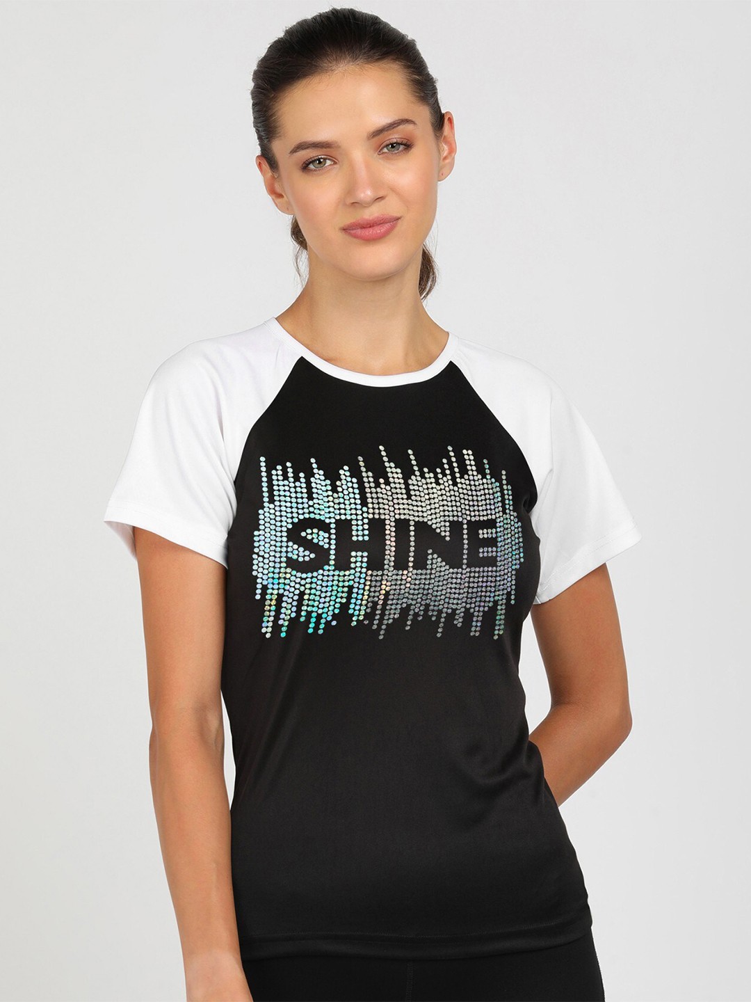 

shashvi Women Black Typography Printed Applique T-shirt