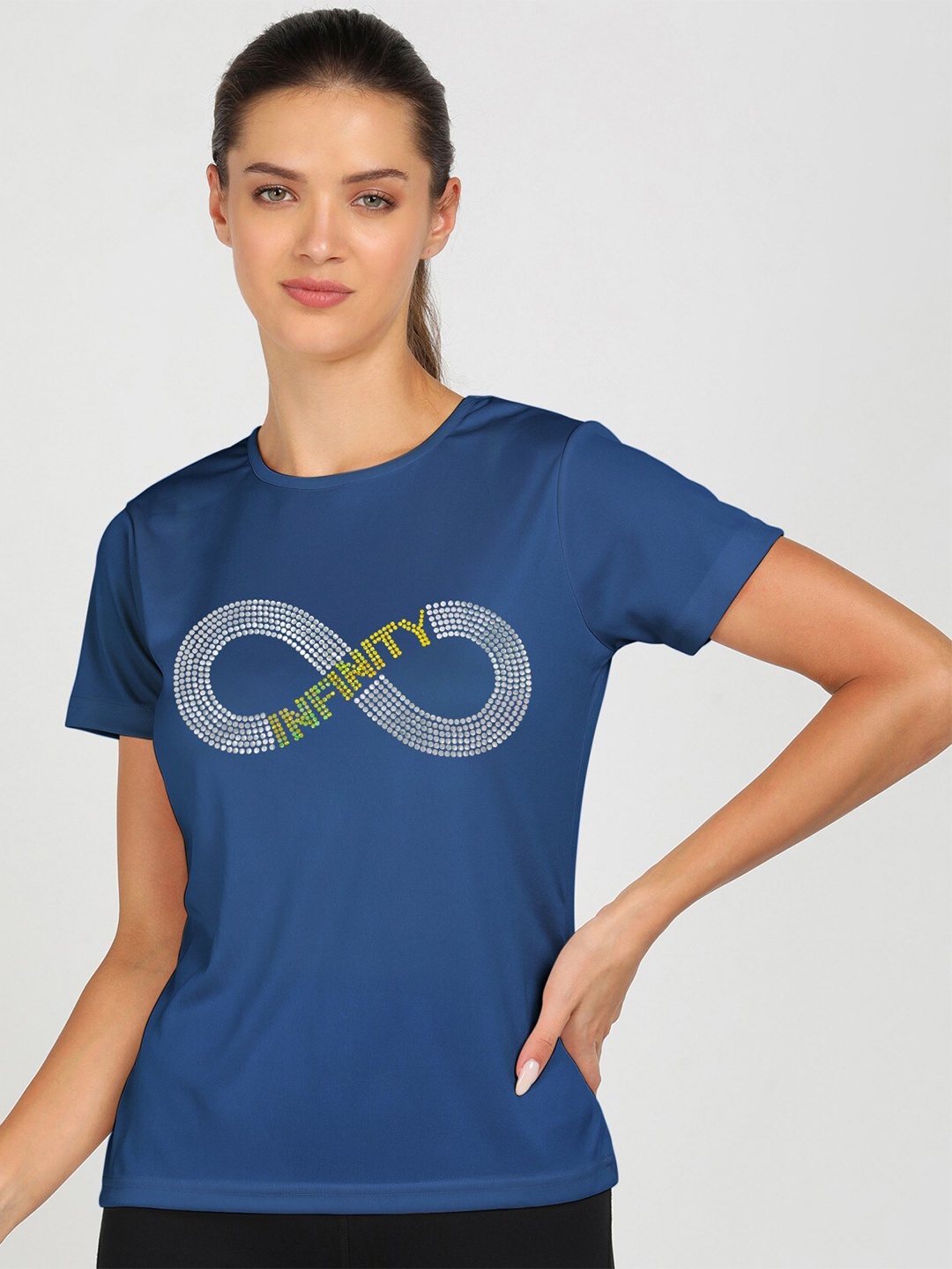

shashvi Women Blue Typography Printed Drop-Shoulder Sleeves Applique T-shirt