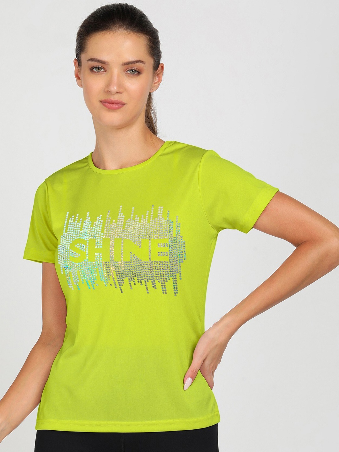 

shashvi Women Lime Green Typography Printed Raw Edge T-shirt