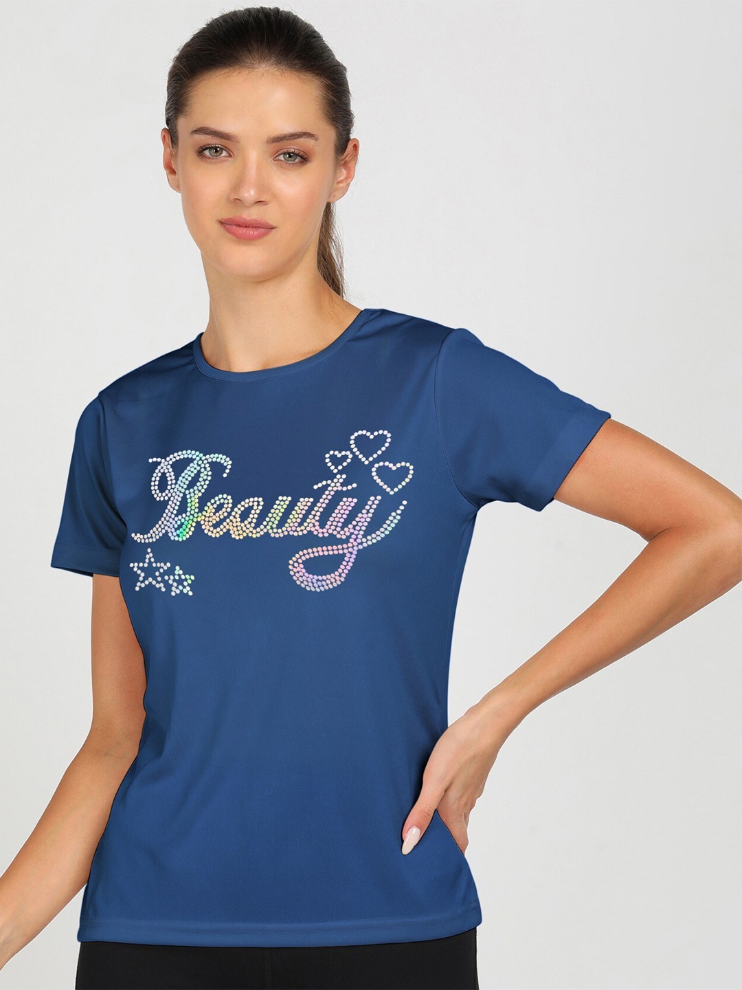 

shashvi Women Blue Typography Printed Applique T-shirt