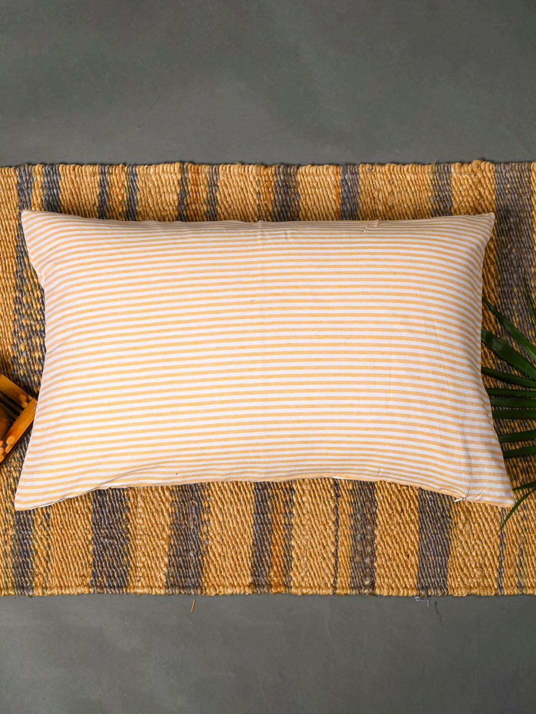 

OUSSUM Yellow & Off White Set Of 2 Striped Cotton Pillow Covers