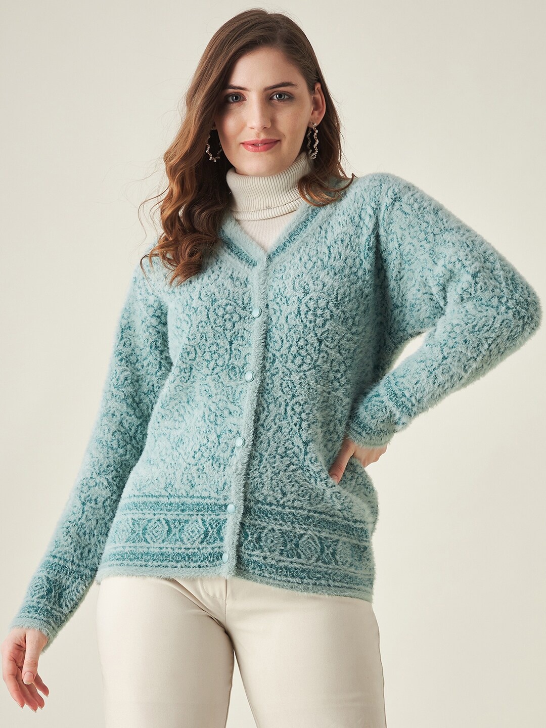 

Modeve Women Turquoise Blue Floral Acrylic Cardigan