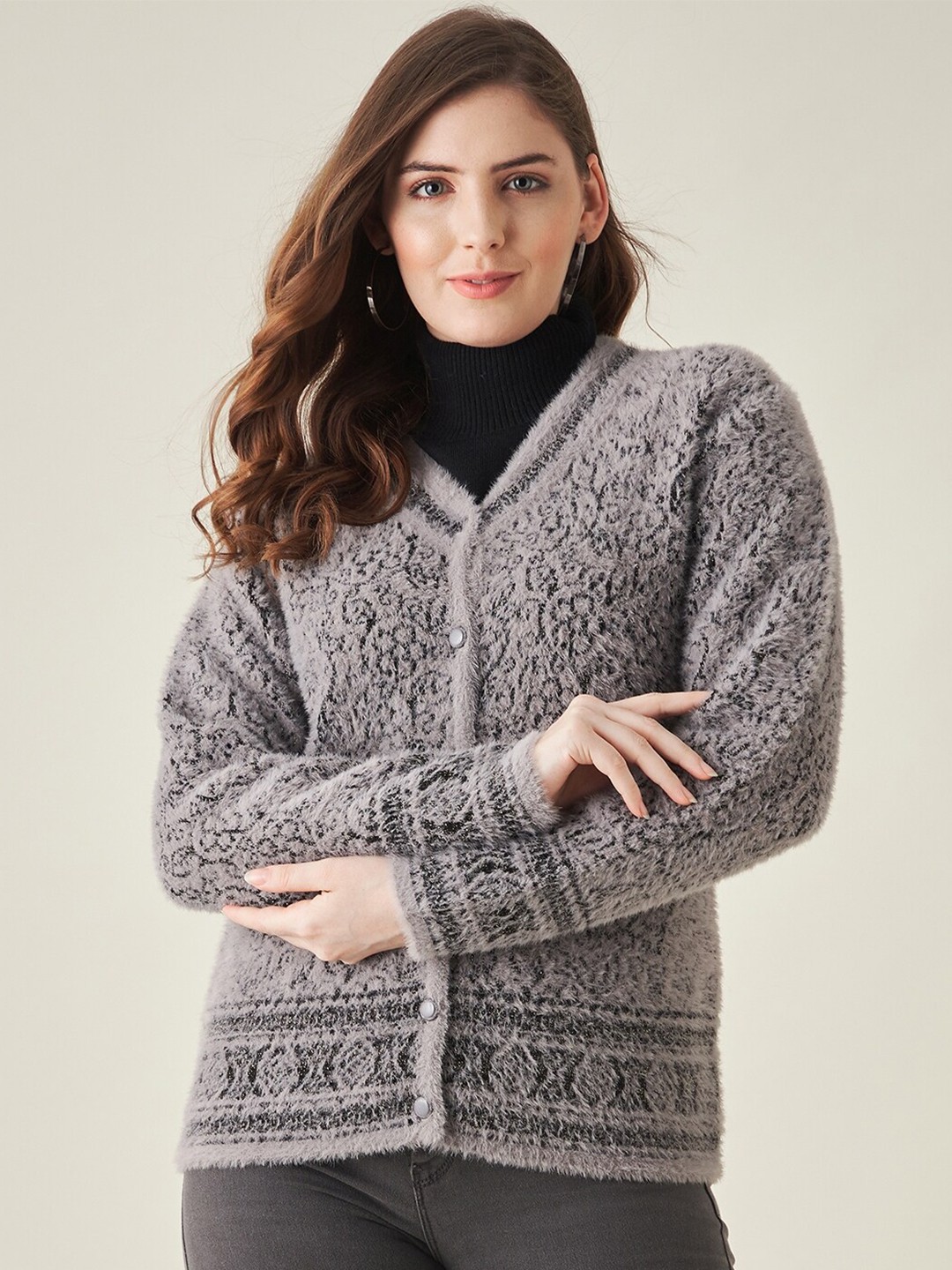 

Modeve Women Grey Floral Acrylic Cardigan
