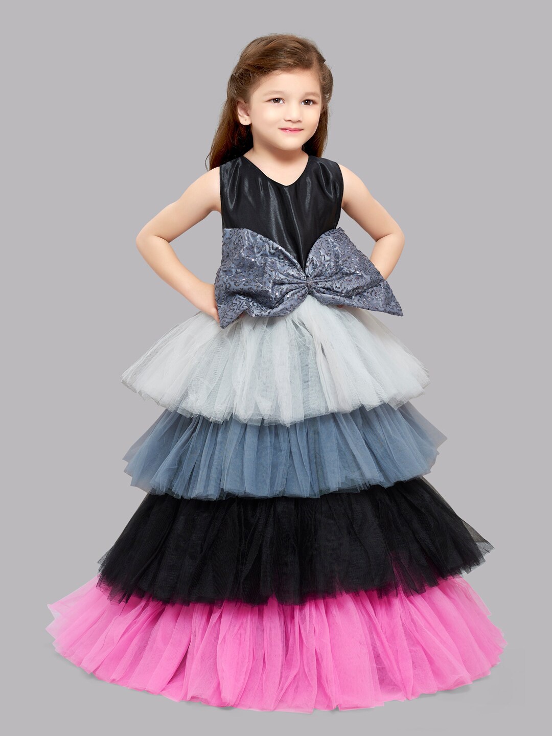 

Pink Chick Girls Black & Grey Colourblocked Satin Layered Gown