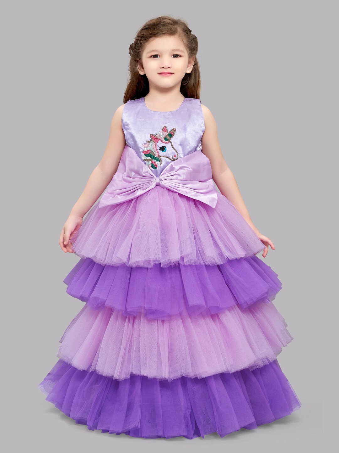 

Pink Chick Girls Lavender Colourblocked Satin Layered Gown