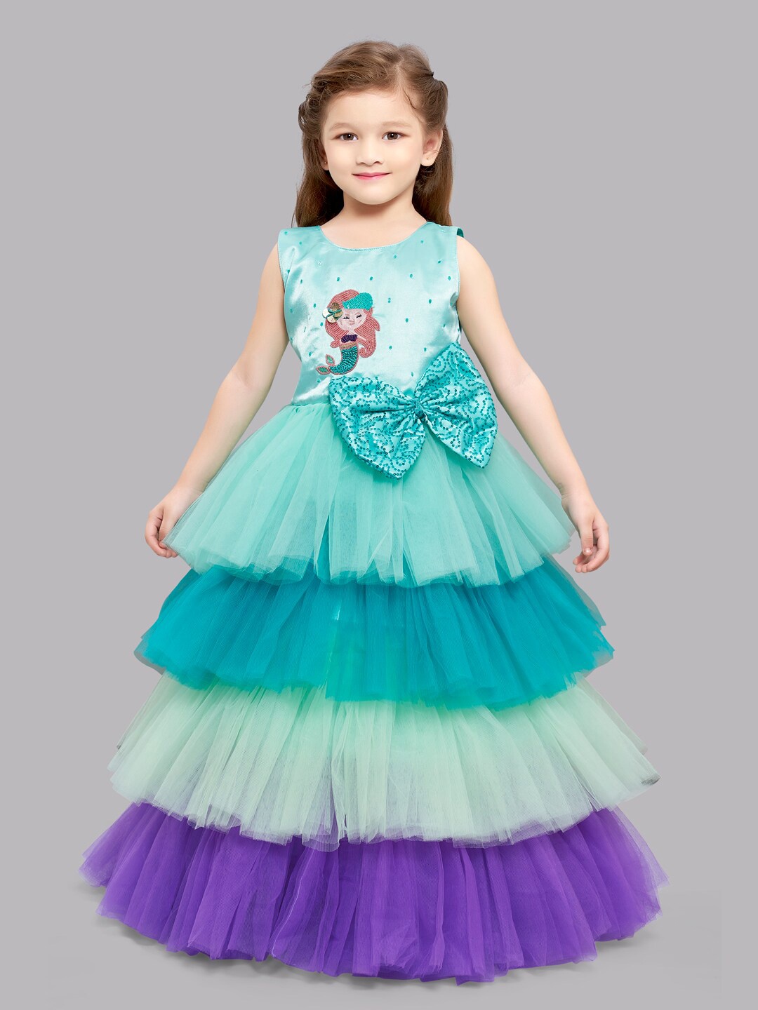 

Pink Chick Girls Sea Green & Purple Embellished Satin Layered Gown