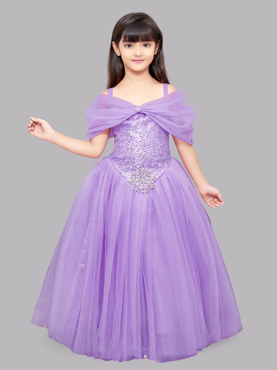 

Pink Chick Girls Lavender Sequinned Off-Shoulder Net Ball Gown