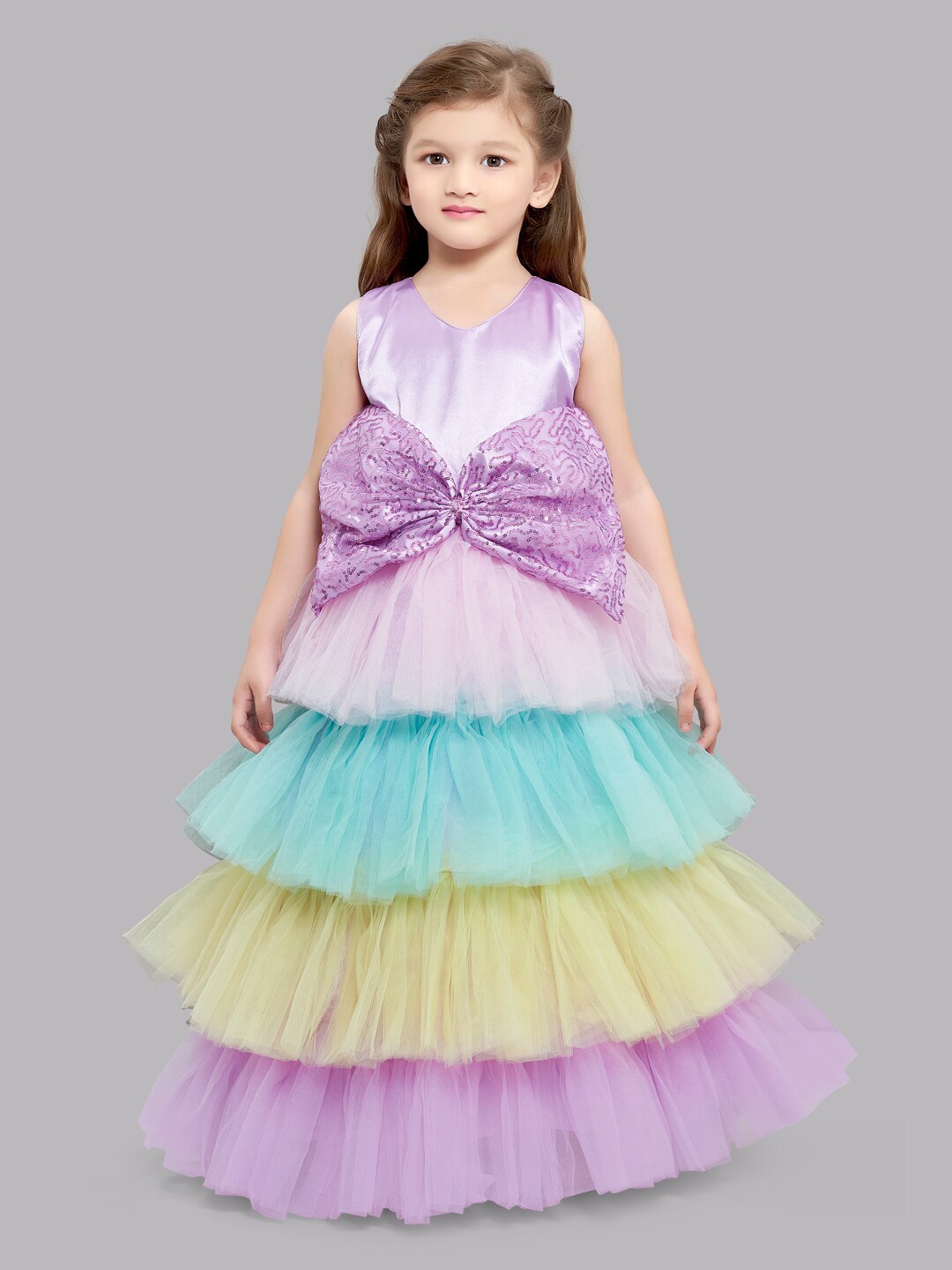 

Pink Chick Girls Lavender & Yellow Colourblocked Net Layered Gown