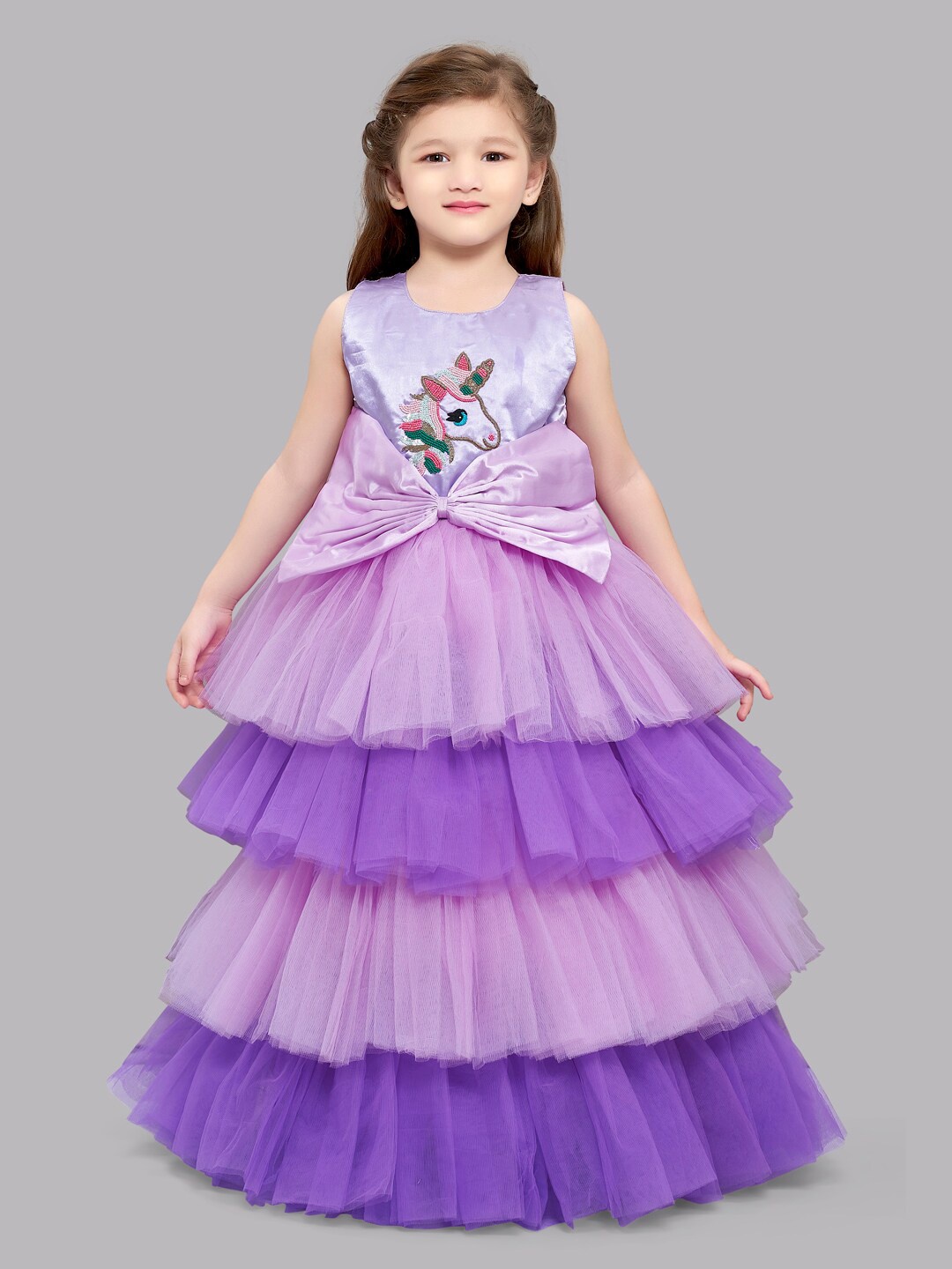 

Pink Chick Girls Lavender & Pink Embellished Colourblocked Satin Layered Gown