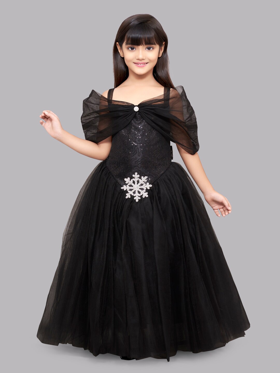 

Pink Chick Girls Black Sequinned Off-Shoulder Net Ball Gown