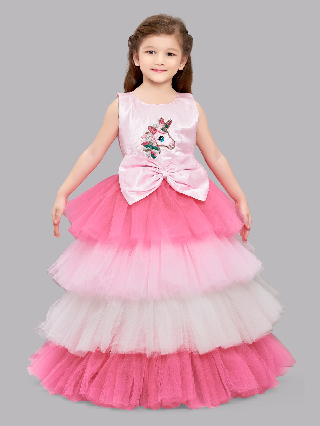 

Pink Chick Girls Pink & Coral Embellished Colourblocked Net Layered Gown